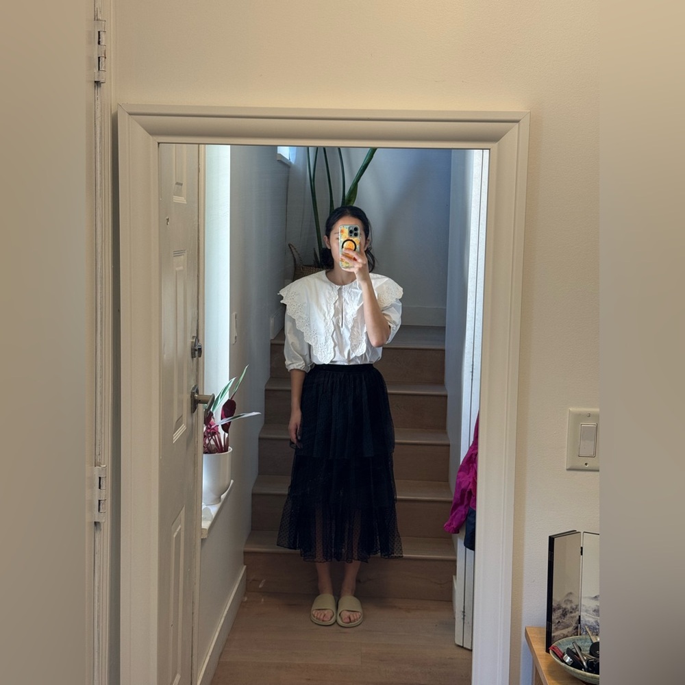 ZARA Black Polka Dot Tiered Tulle Midi Skirt